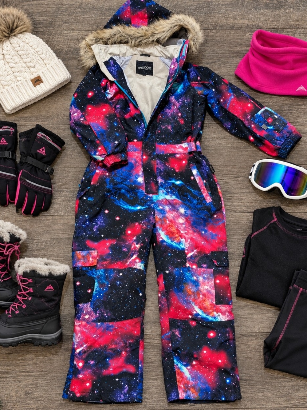 Girls Galaxy Print Snow One-Piece Jumpsuit with Faux-Fur Hood - Pink & Blue